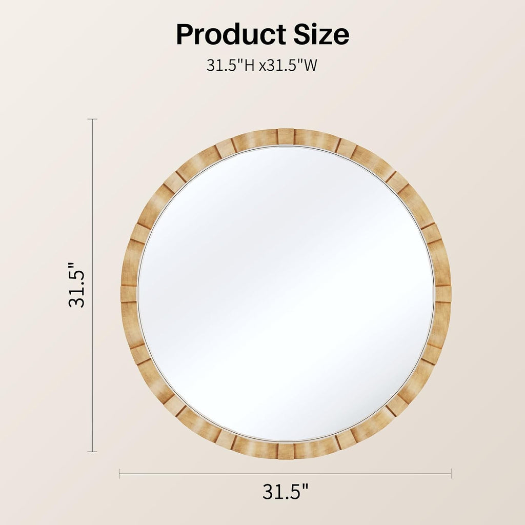 31.5" Natural Wood Farmhouse Round Wall Mirror