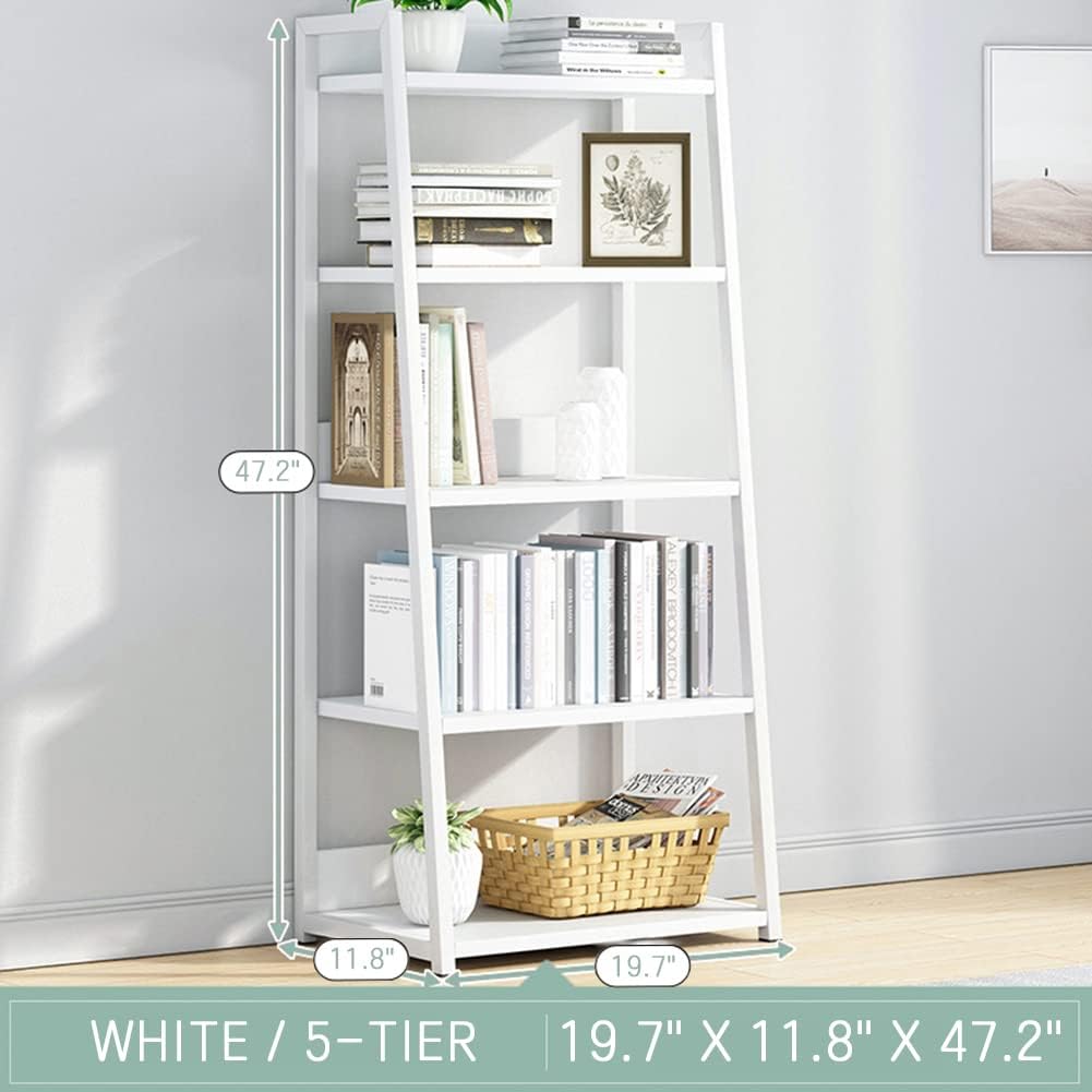 White Steel Wood 5-Tier Open Bookshelf