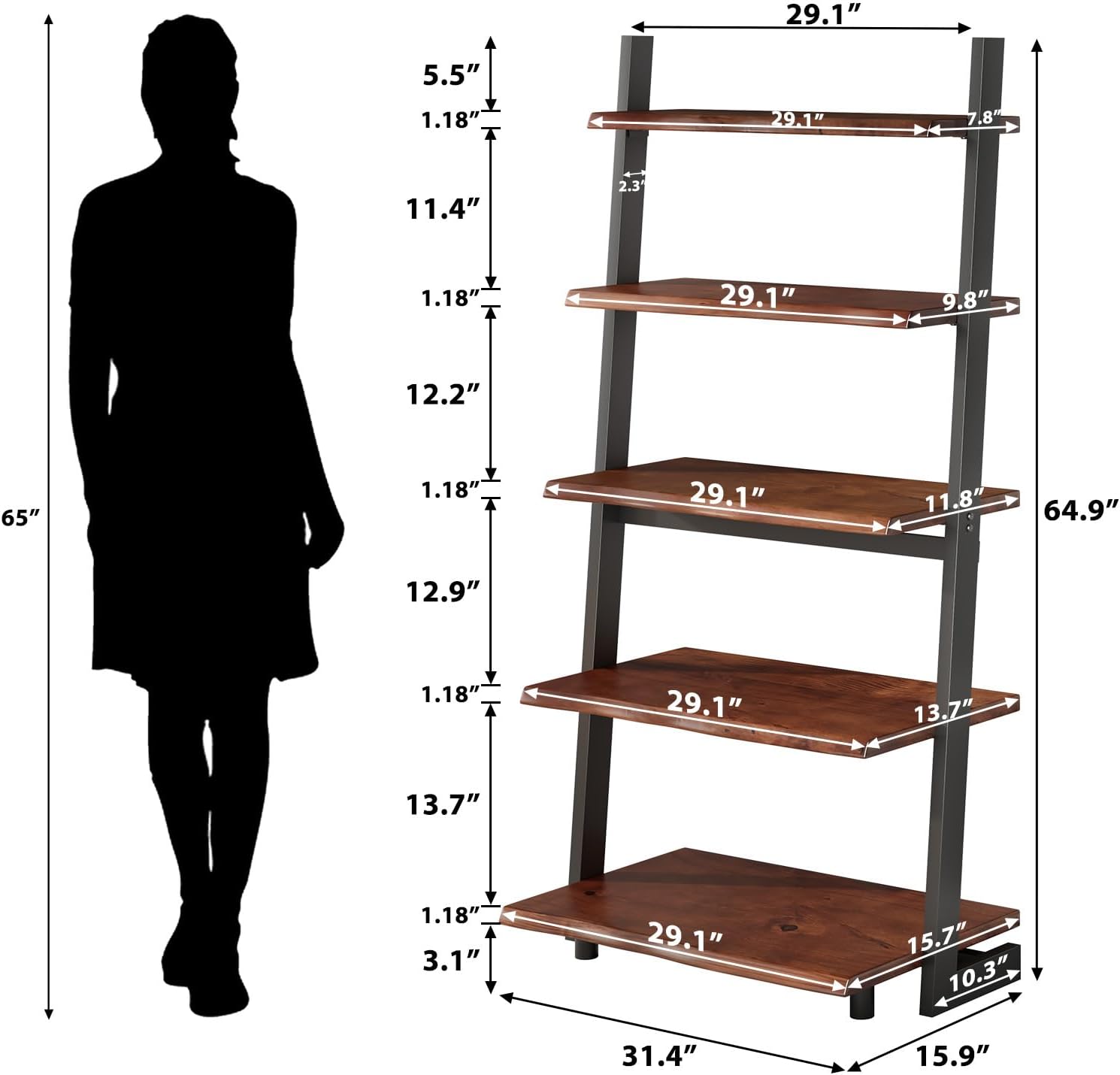 Rustic Walnut Live Edge 5-Tier Ladder Bookshelf
