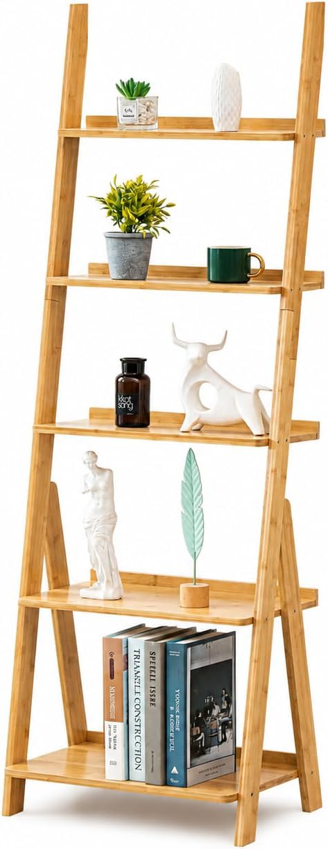 Natural Bamboo 5-Tier Ladder Bookshelf