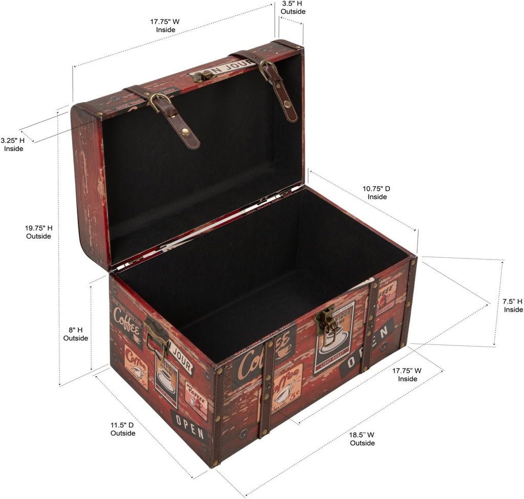 Antique Brown Decoupage Storage Trunk Leather Metal Accents