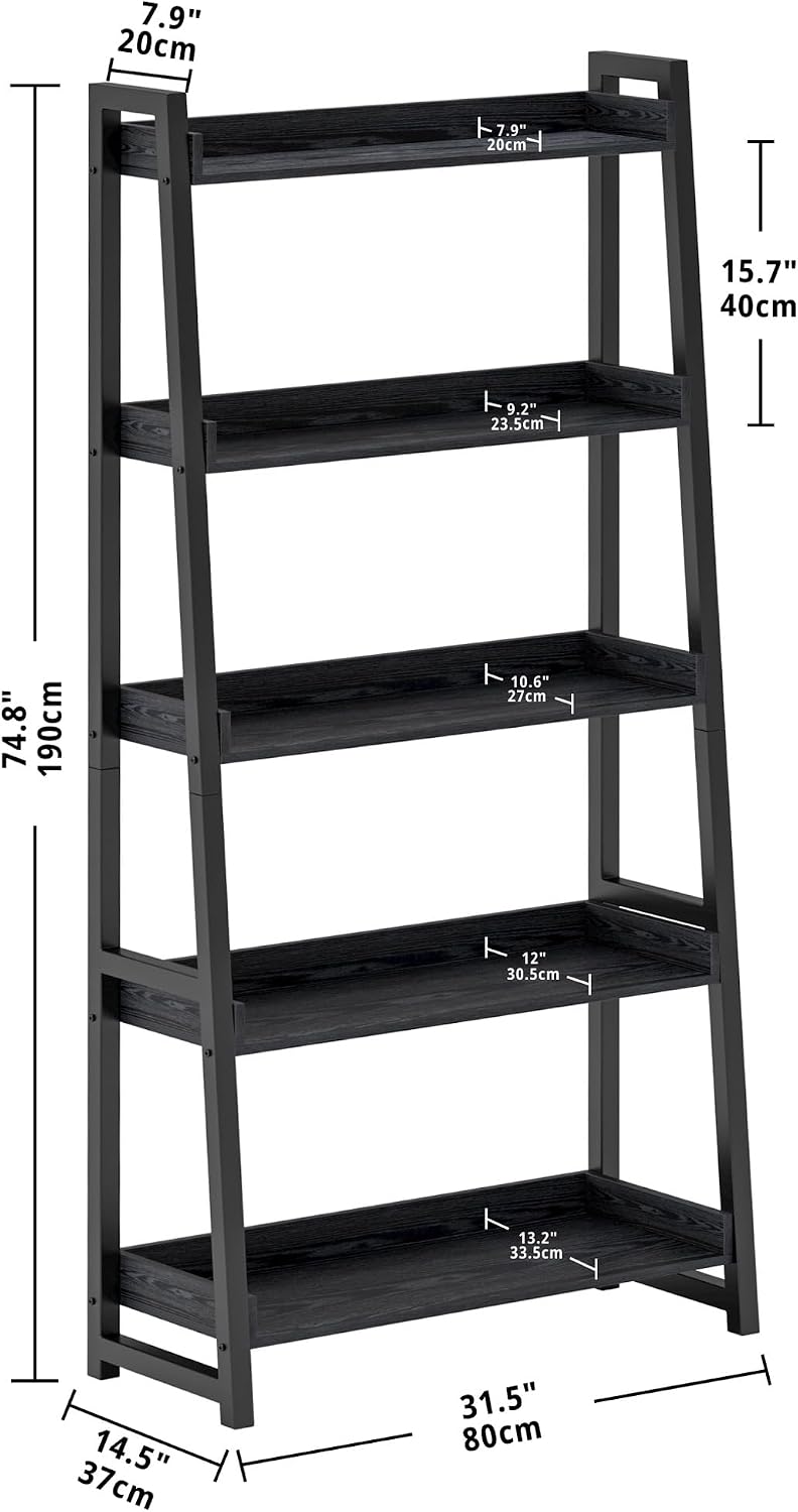 Black Industrial 5-Tier Ladder Bookshelf