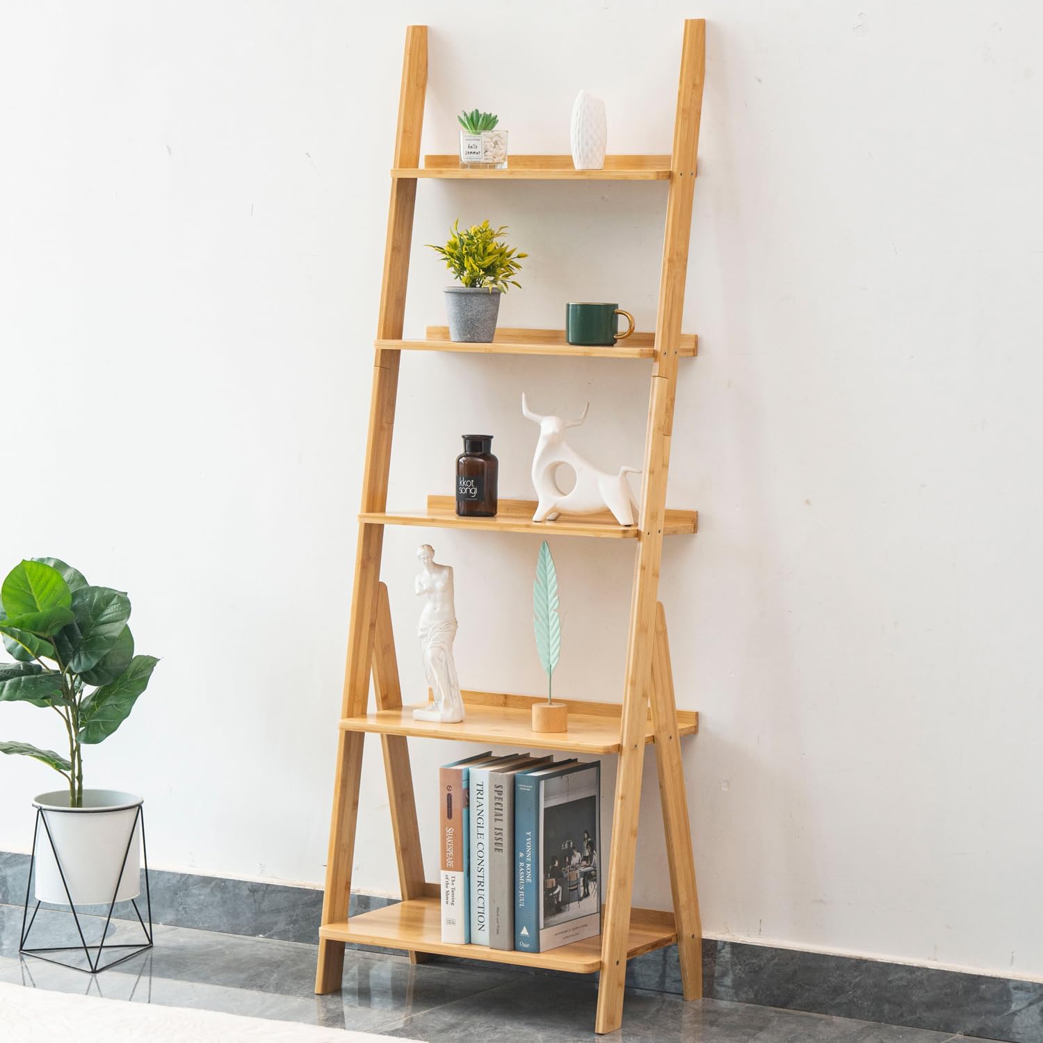 Natural Bamboo 5-Tier Ladder Bookshelf