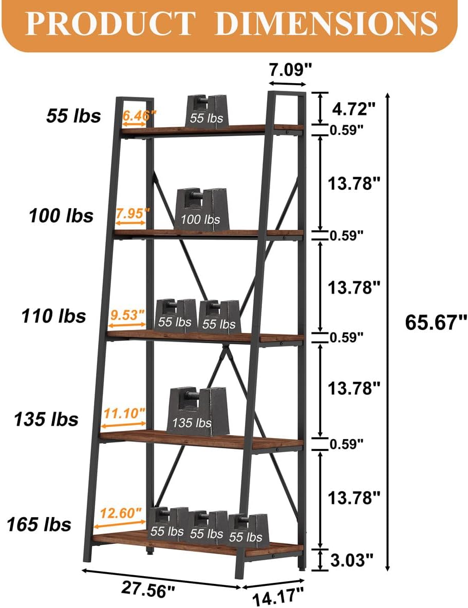 Rustic Oak Industrial 5-Tier Ladder Bookshelf