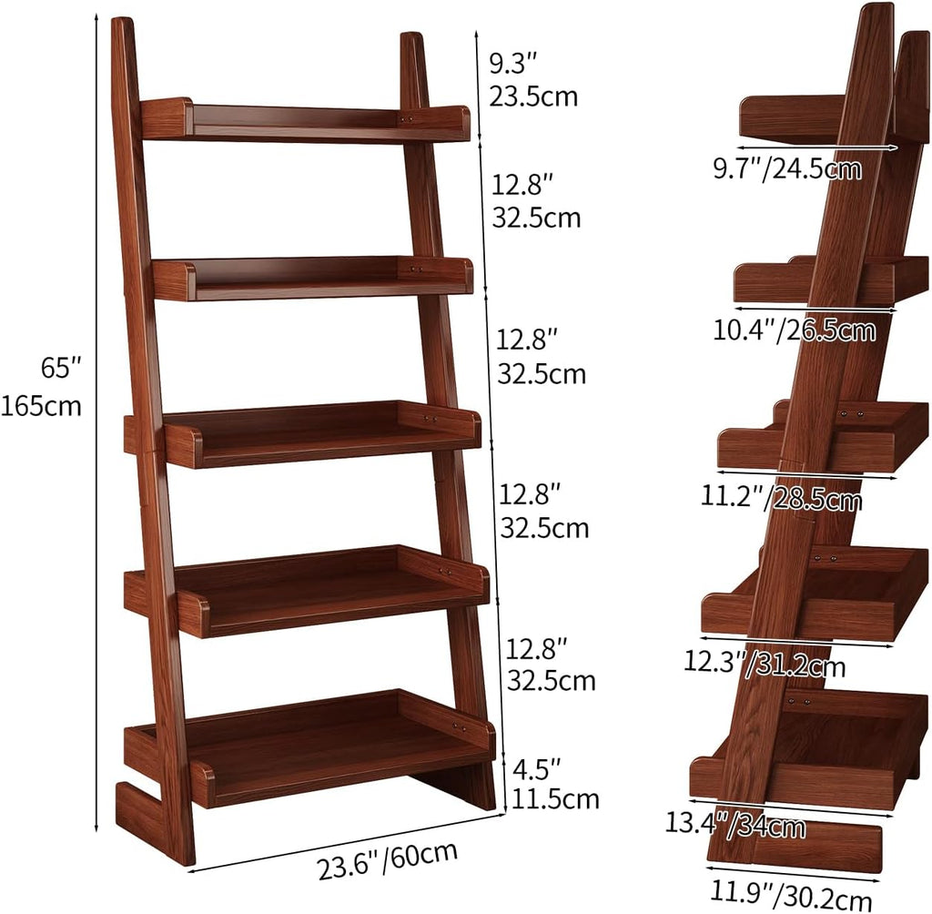 Walnut Solid Wood 5-Tier Leaning Ladder Shelf