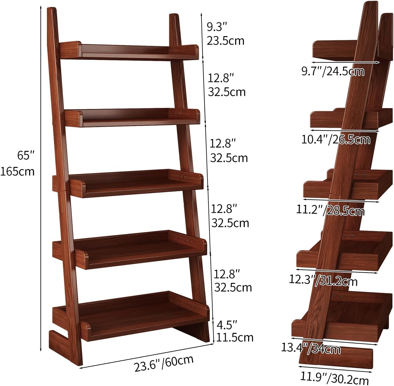 Walnut Solid Wood 5-Tier Leaning Ladder Shelf