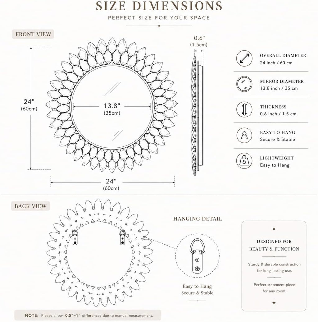 24 Inch Silver Crystal Diamond Round Wall Mirror