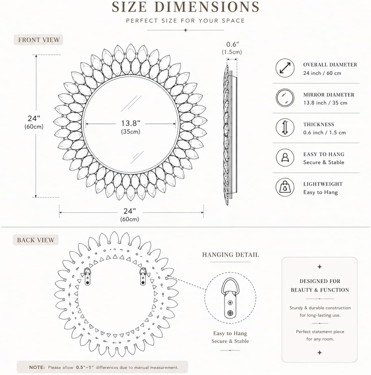 24 Inch Silver Crystal Diamond Round Wall Mirror