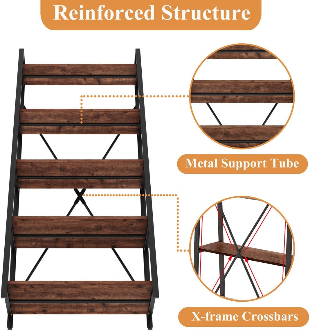 Rustic Oak Industrial 5-Tier Ladder Bookshelf