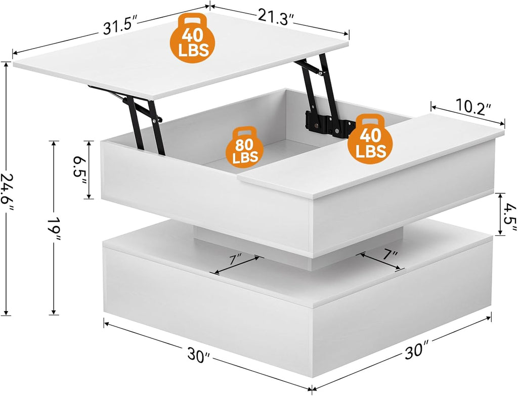 31.5" White Lift Top Storage Square Coffee Table