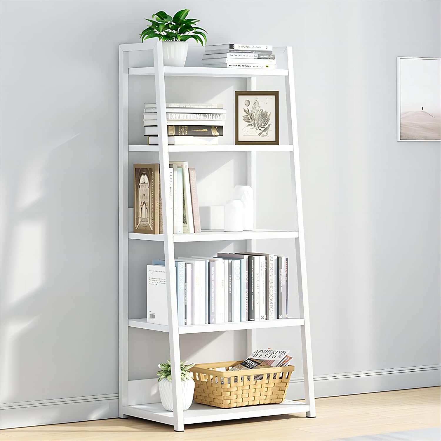 White Steel Wood 5-Tier Open Bookshelf