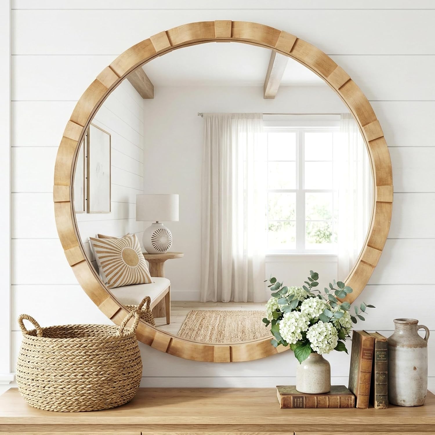 31.5" Natural Wood Farmhouse Round Wall Mirror