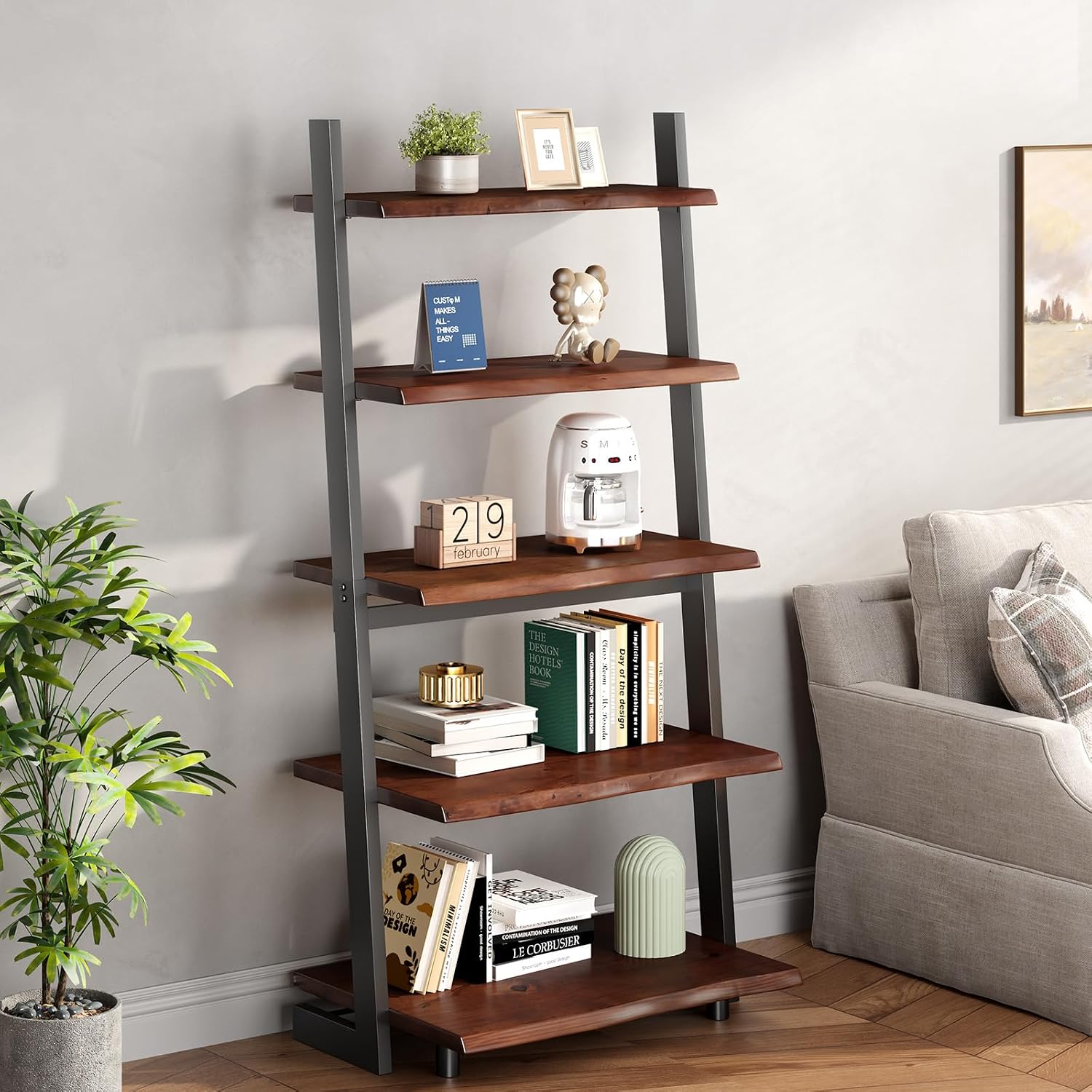 Rustic Walnut Live Edge 5-Tier Ladder Bookshelf