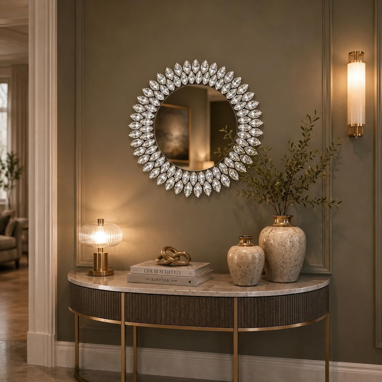 24 Inch Silver Crystal Diamond Round Wall Mirror