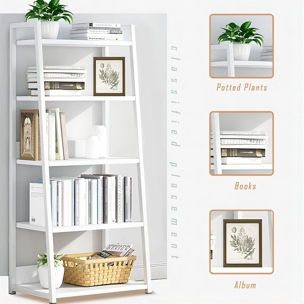 White Steel Wood 5-Tier Open Bookshelf