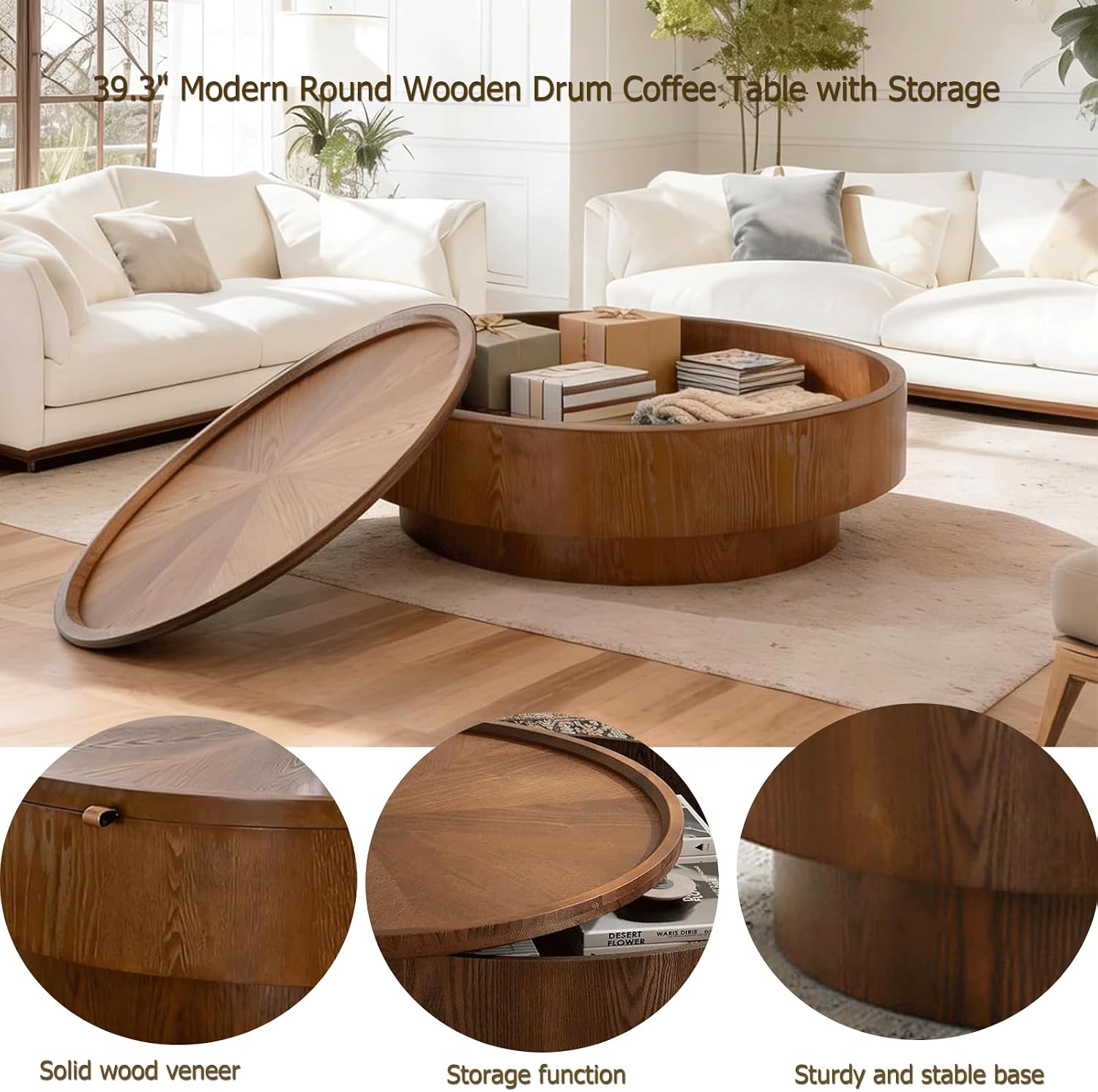 39.37" Walnut Round Storage Coffee Table