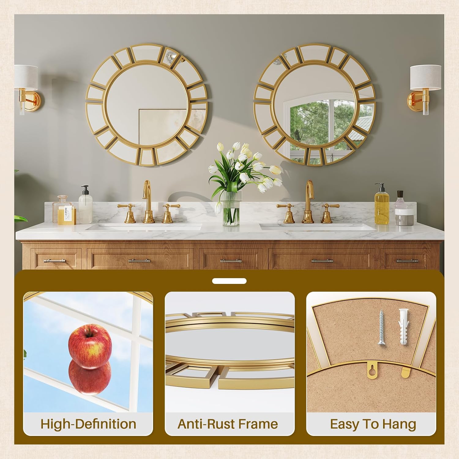 Gold Sunburst 23.6" Round Decor Wall Mirror