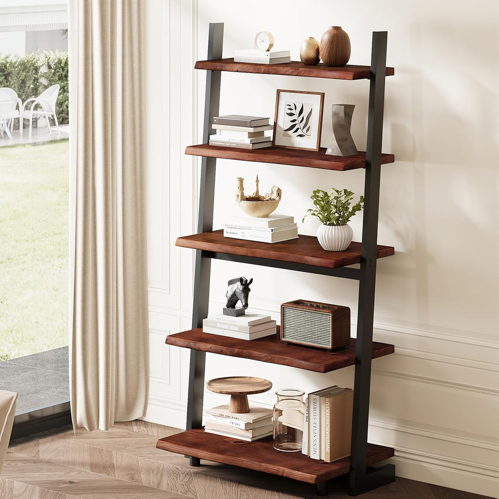 Rustic Walnut Live Edge 5-Tier Ladder Bookshelf