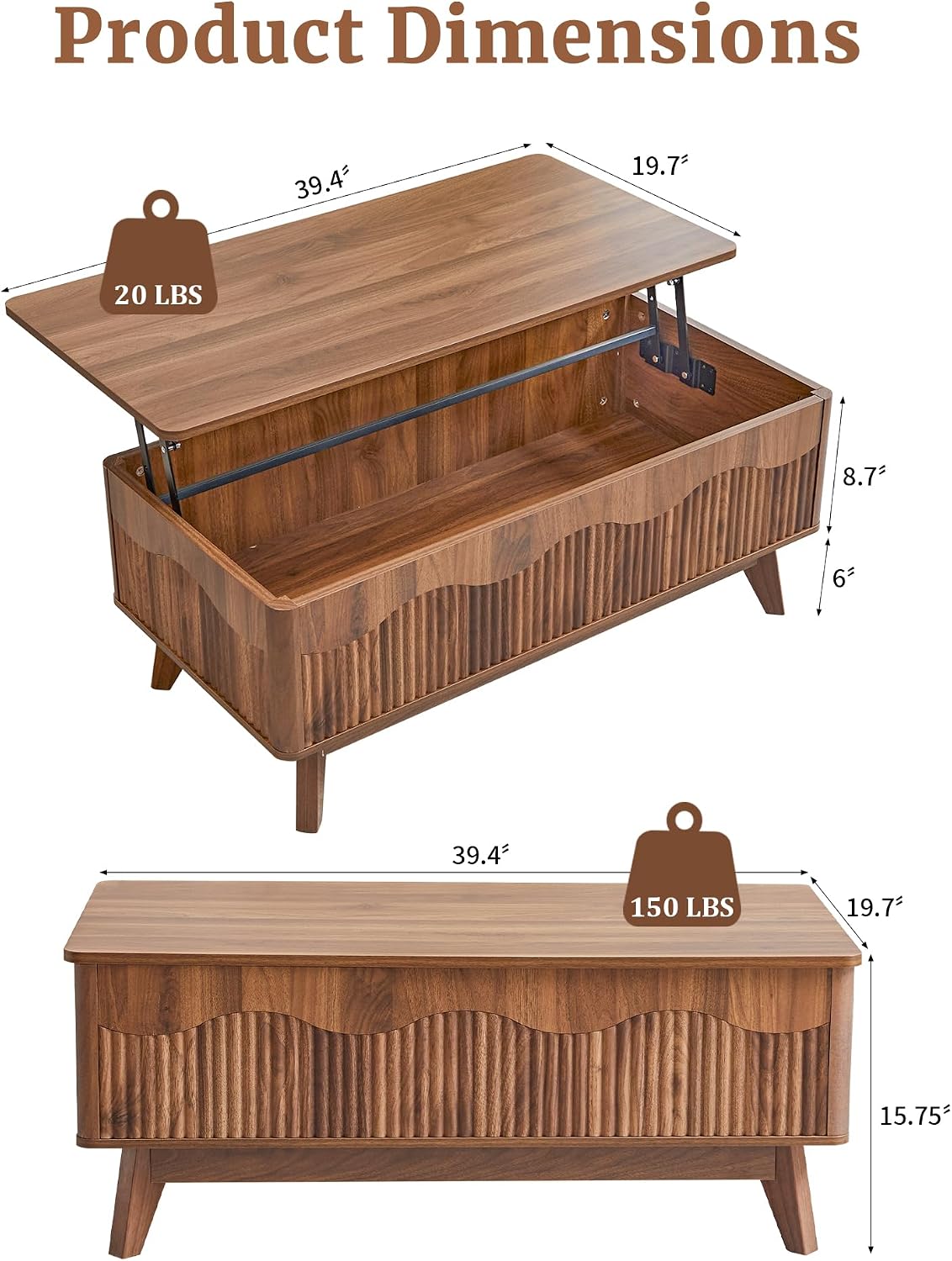 Walnut Fluted Wave Lift Top Rectangular Coffee Table