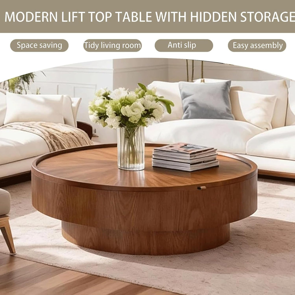 39.37" Walnut Round Storage Coffee Table