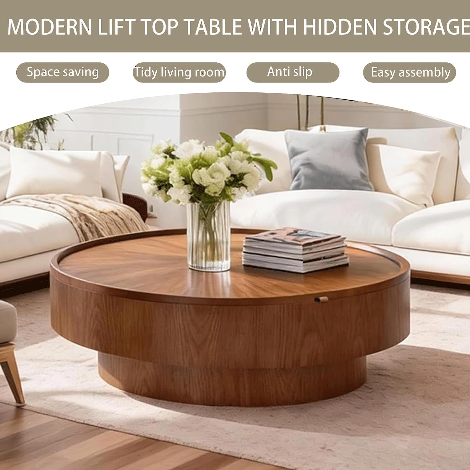 39.37" Walnut Round Storage Coffee Table