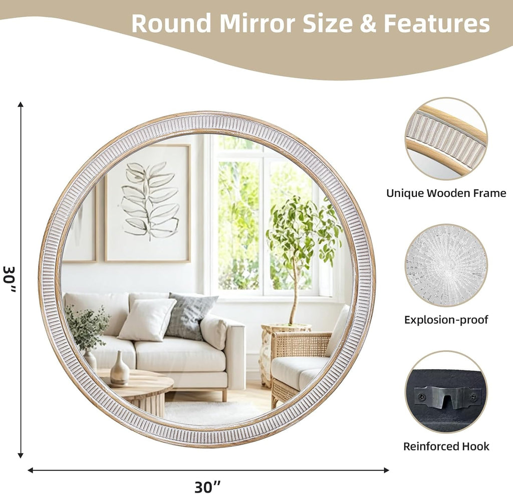 30" Rustic Wood Look Round Wall Mirror
