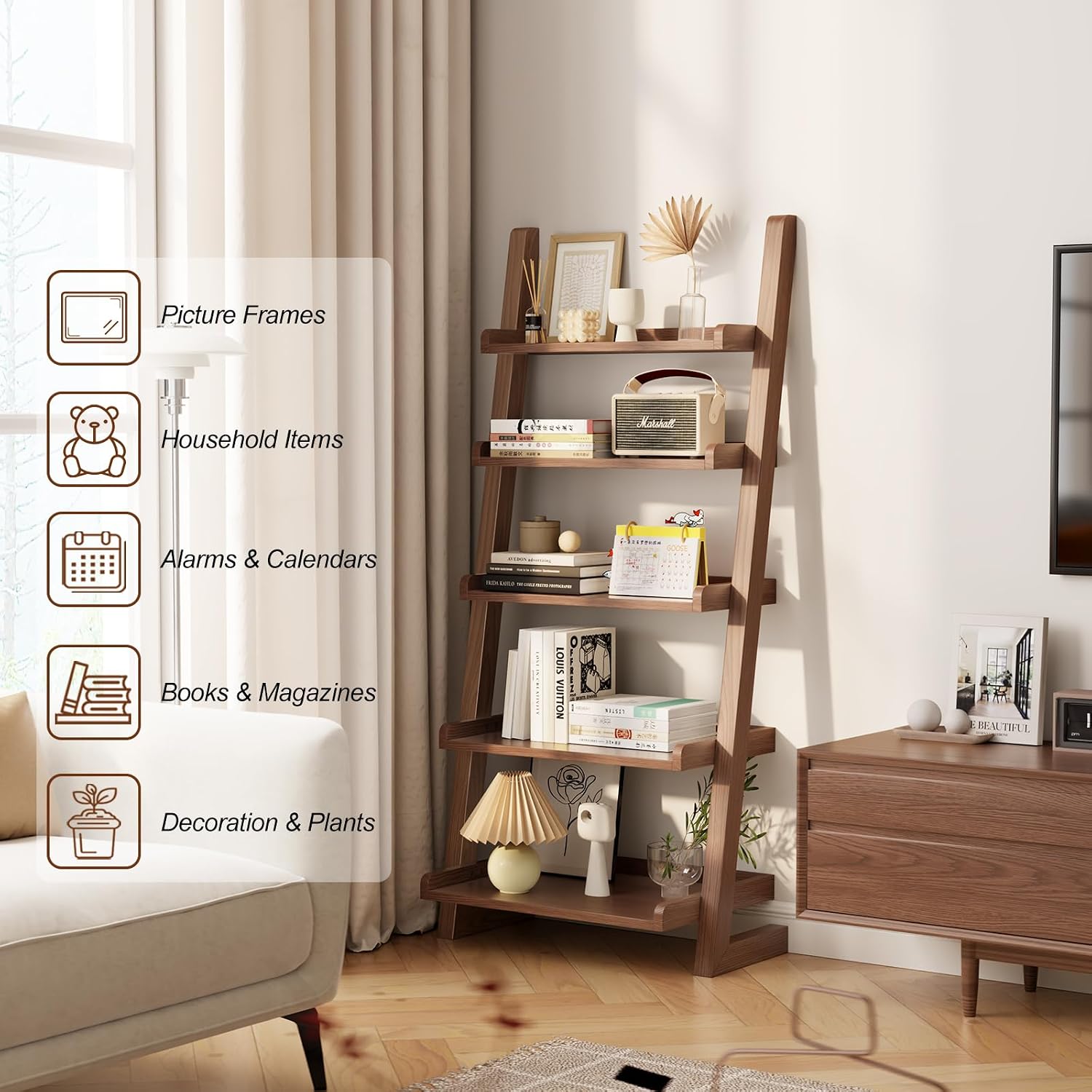 Walnut 5-Tier Edge Ladder Bookshelf