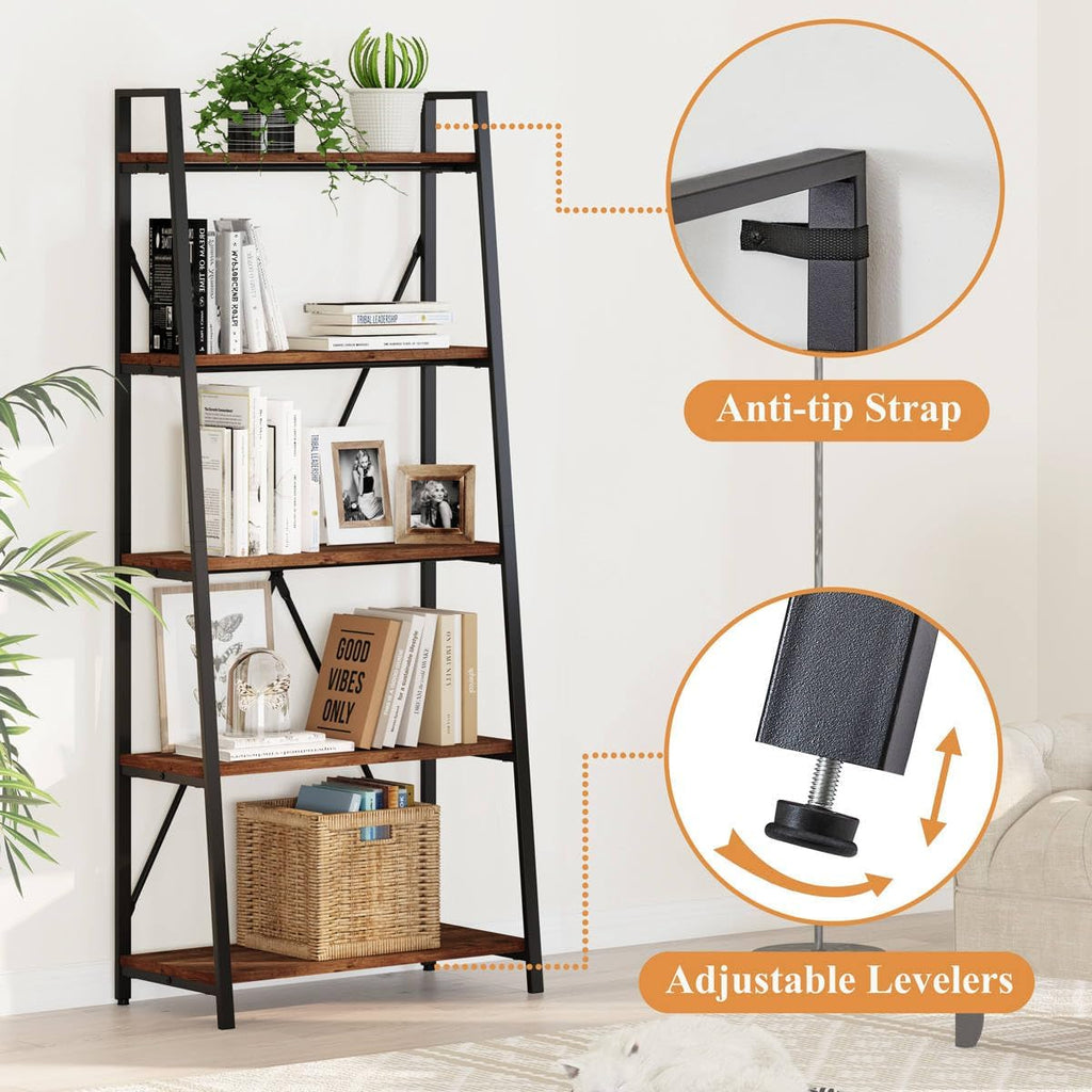 Rustic Oak Industrial 5-Tier Ladder Bookshelf