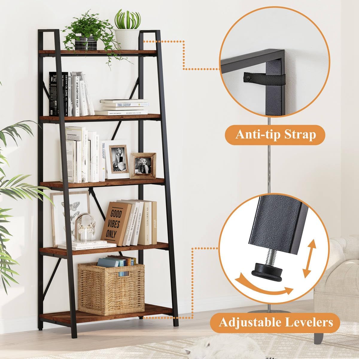 Rustic Oak Industrial 5-Tier Ladder Bookshelf