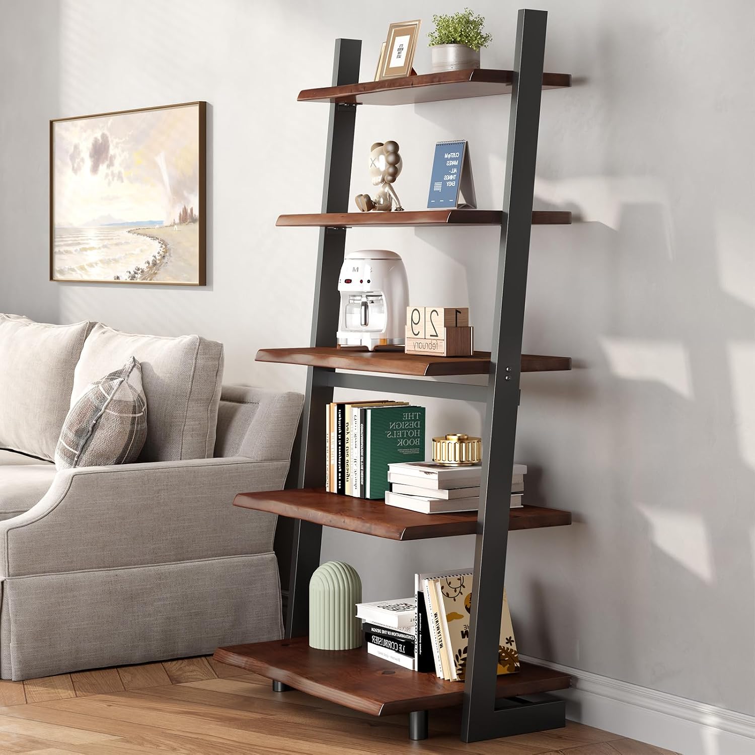 Rustic Walnut Live Edge 5-Tier Ladder Bookshelf