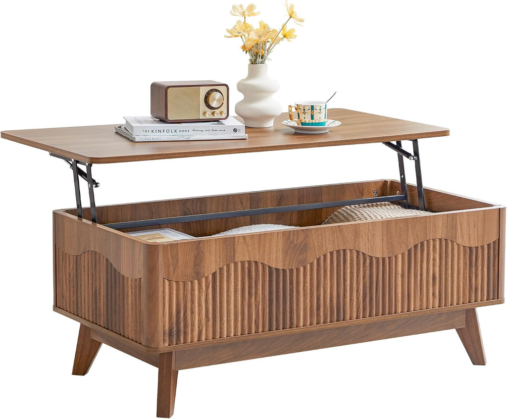 Walnut Fluted Wave Lift Top Rectangular Coffee Table