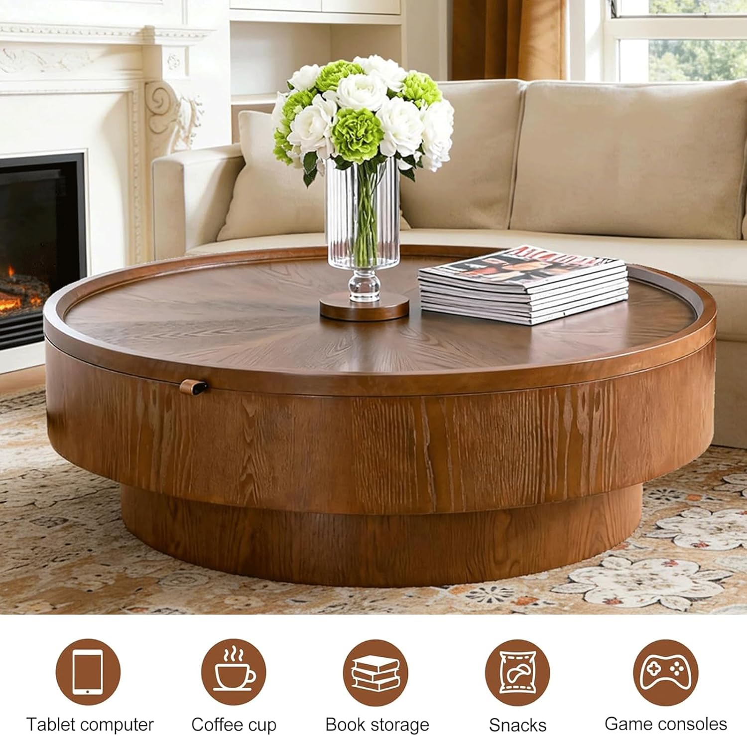 39.37" Walnut Round Storage Coffee Table