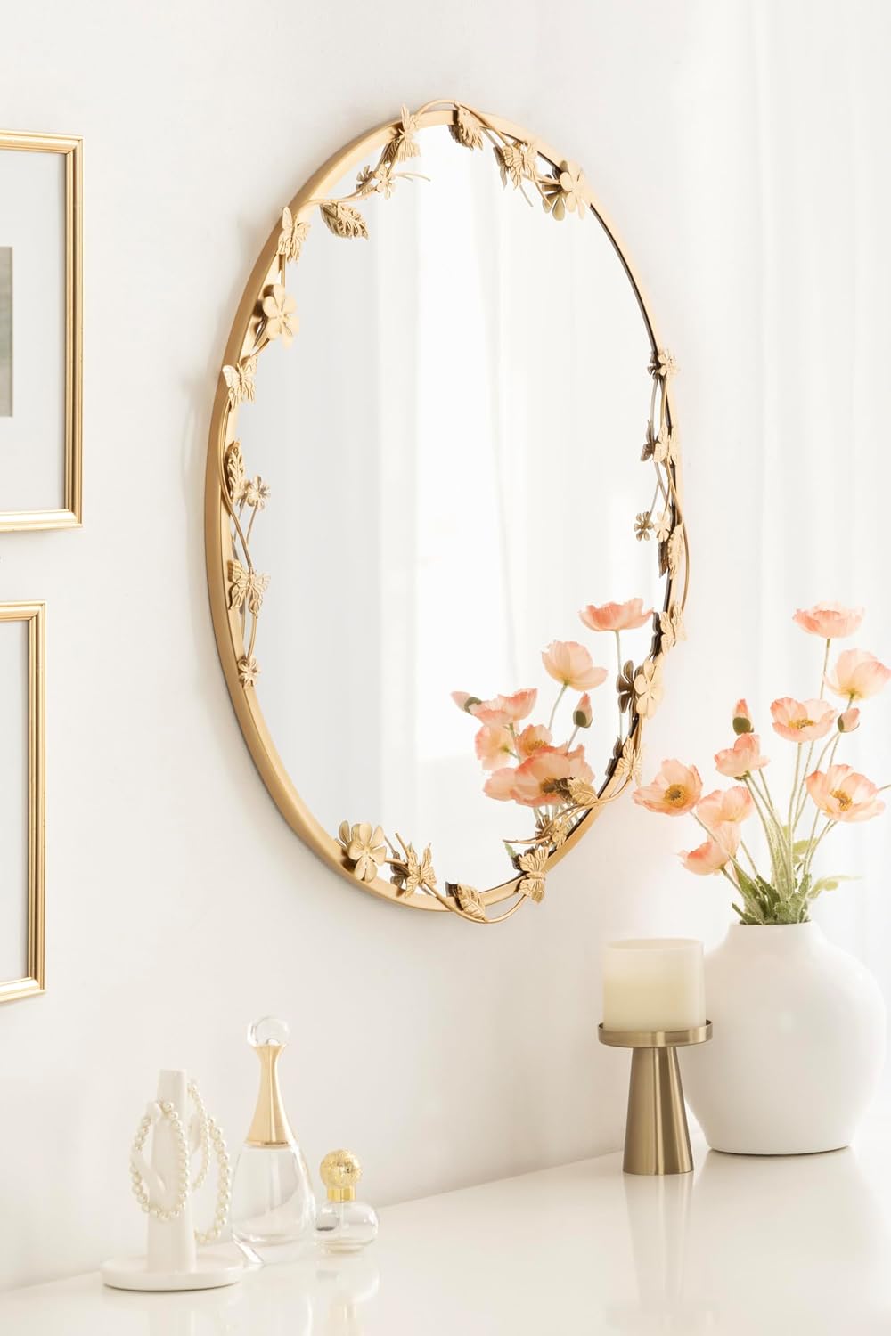 26 Inch Gold Floral Ornate Round Wall Mirror