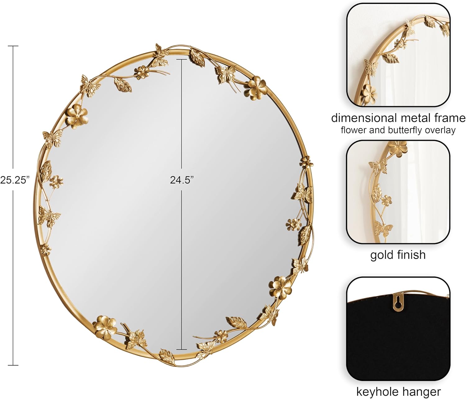 26 Inch Gold Floral Ornate Round Wall Mirror