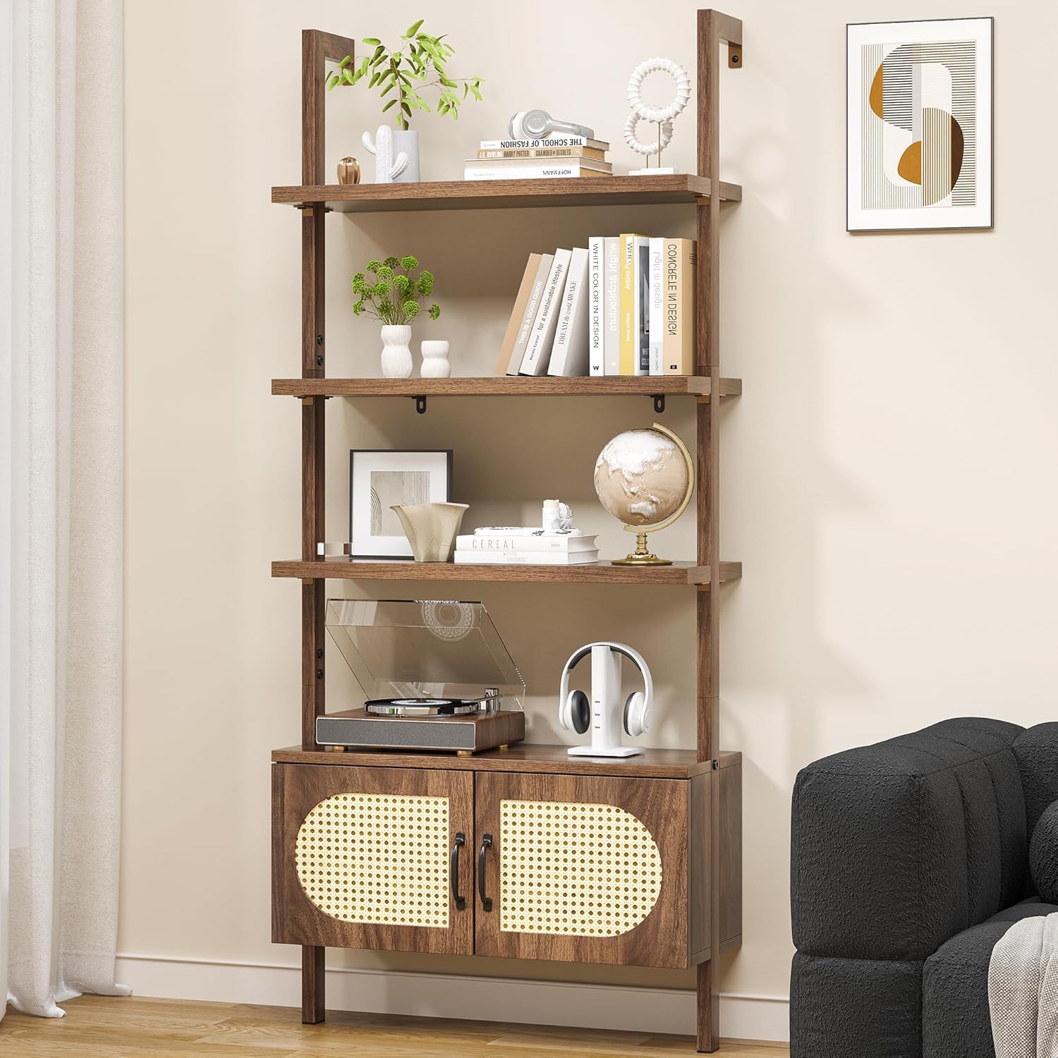 72" 4 Tier Ladder Bookshelf with Storage Cabinet