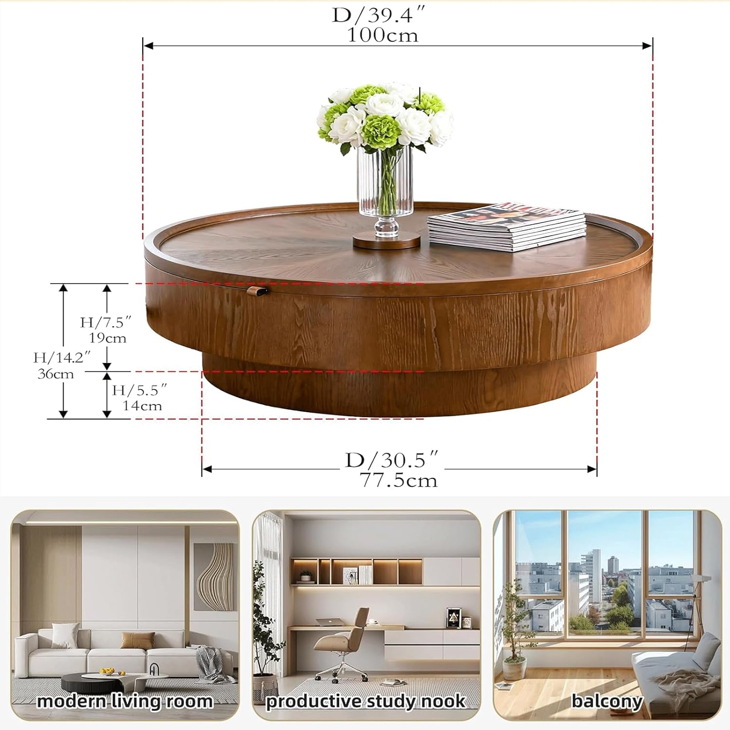 39.37" Walnut Round Storage Coffee Table