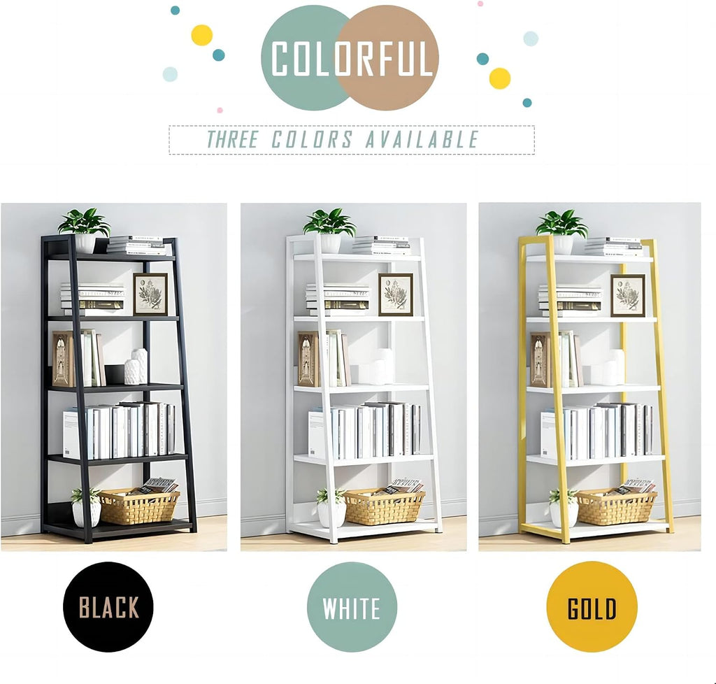 White Steel Wood 5-Tier Open Bookshelf