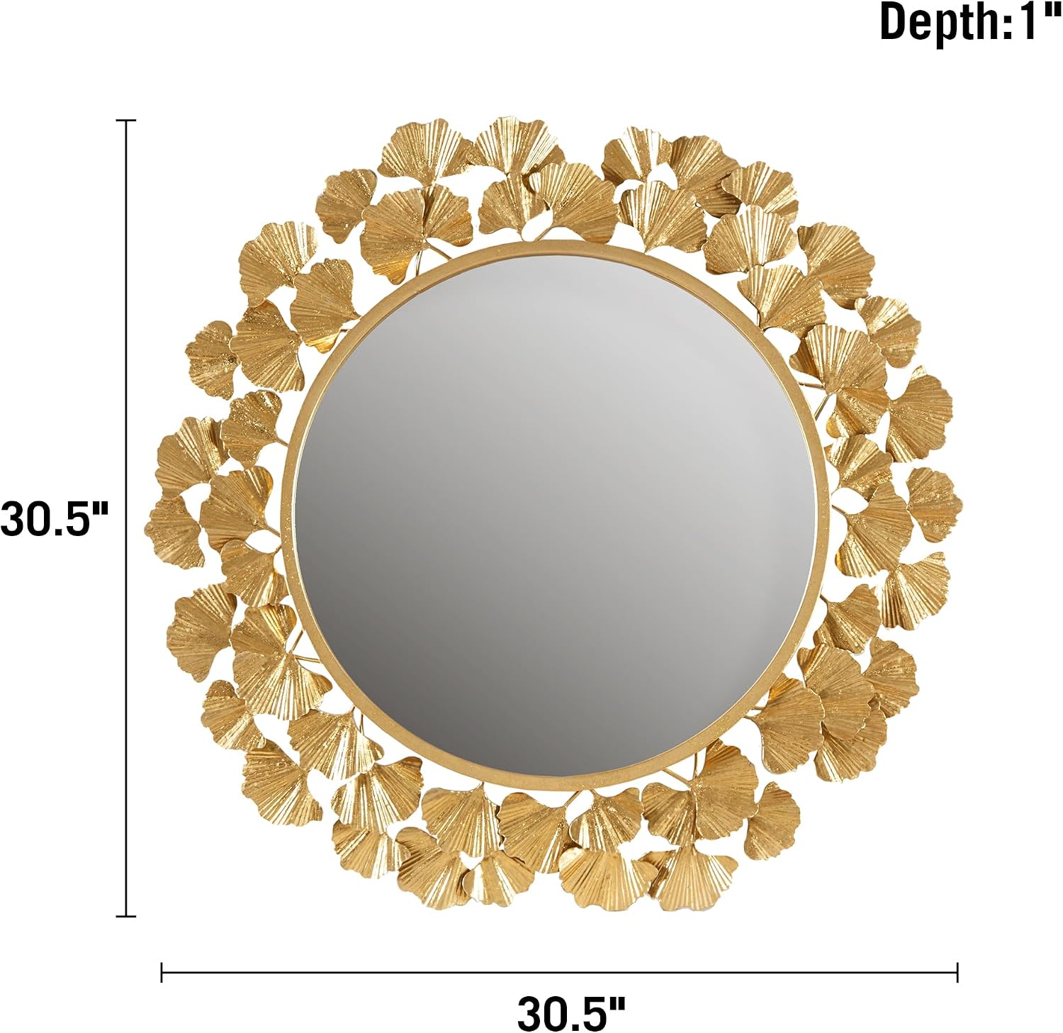 30.5" Antique Gold Gingko Leaf Round Wall Mirror