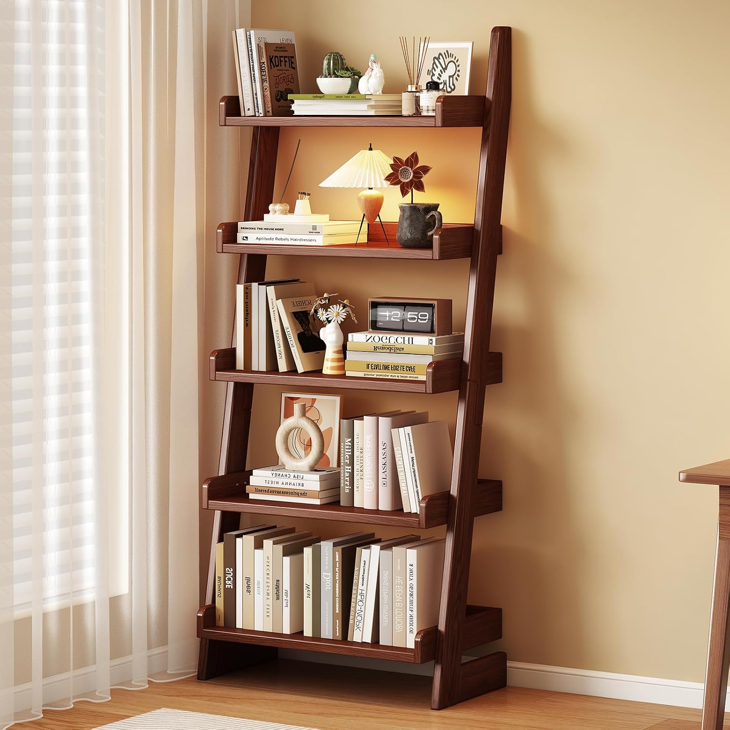 Walnut Solid Wood 5-Tier Leaning Ladder Shelf