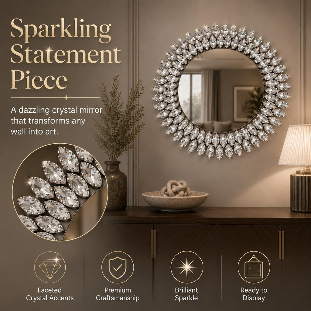 24 Inch Silver Crystal Diamond Round Wall Mirror