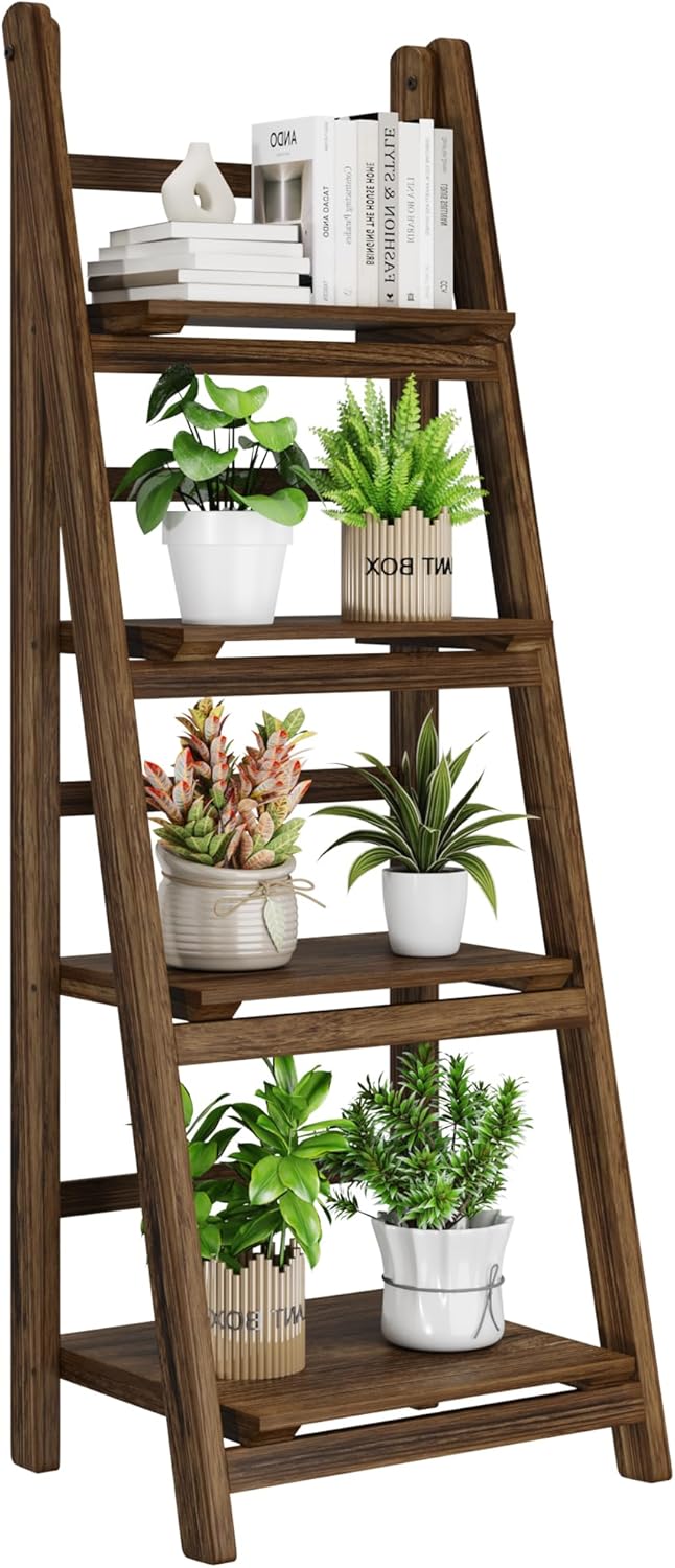 Brown Folding 4-Tier Wooden Ladder Shelf