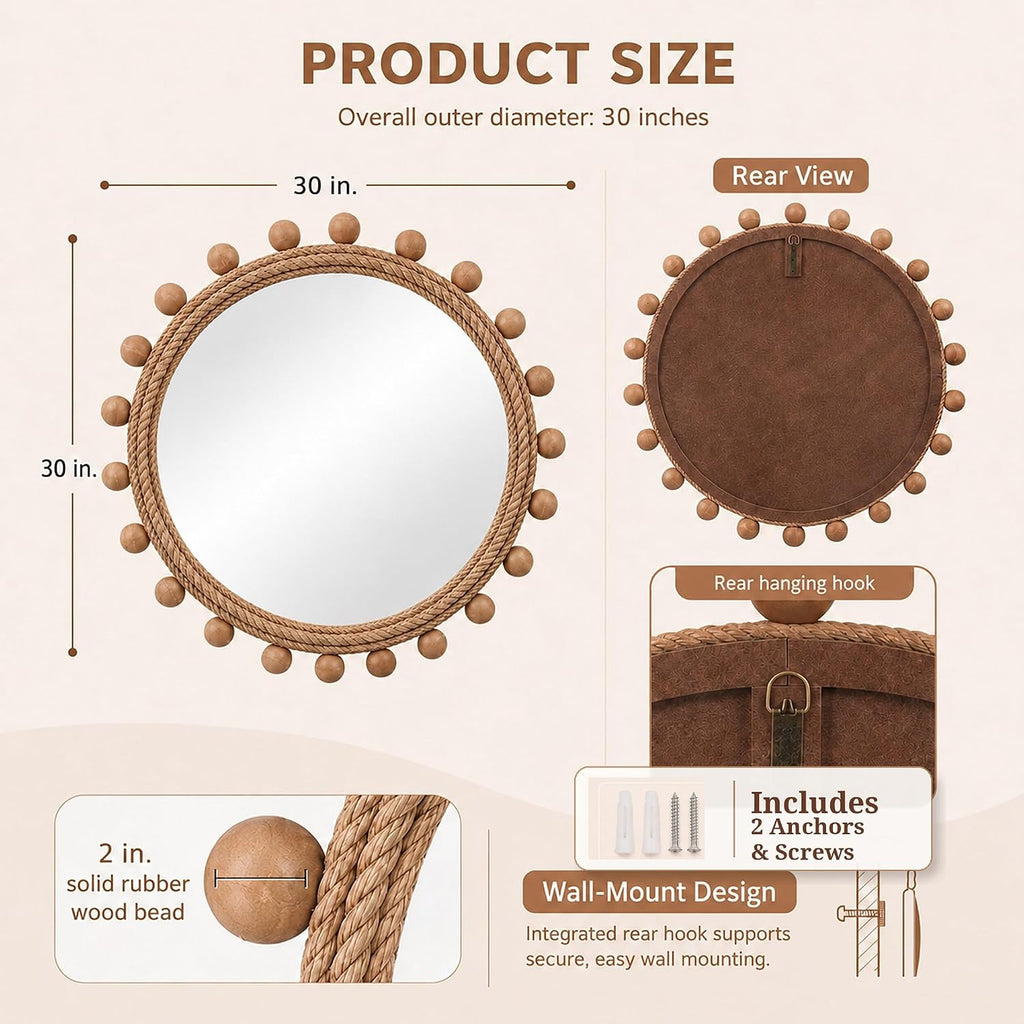 30" Round Jute Rope Beaded Wall Mirror
