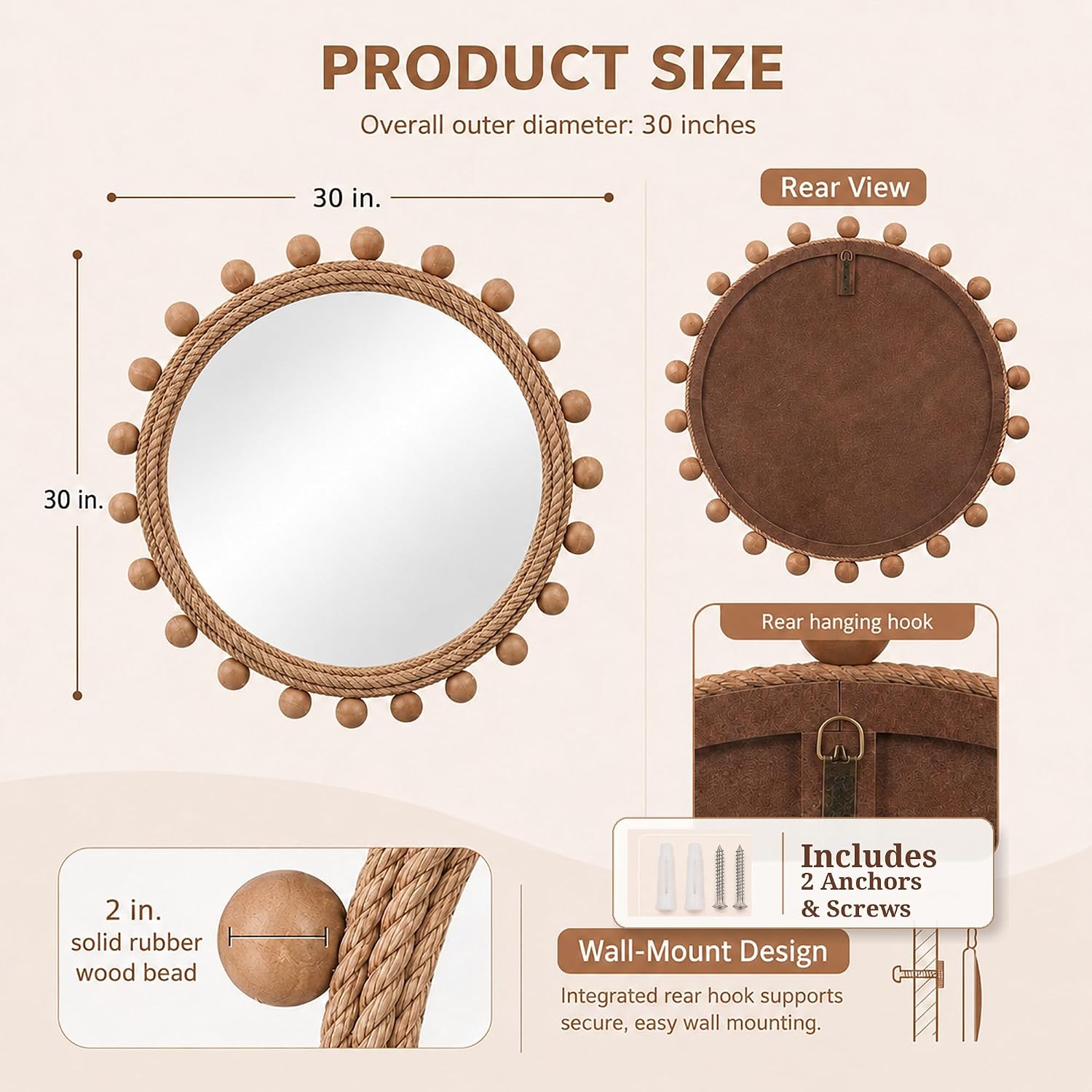 30" Round Jute Rope Beaded Wall Mirror