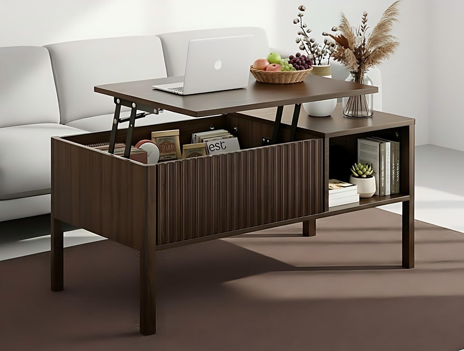 Brown Hydraulic Lift Storage Coffee Table