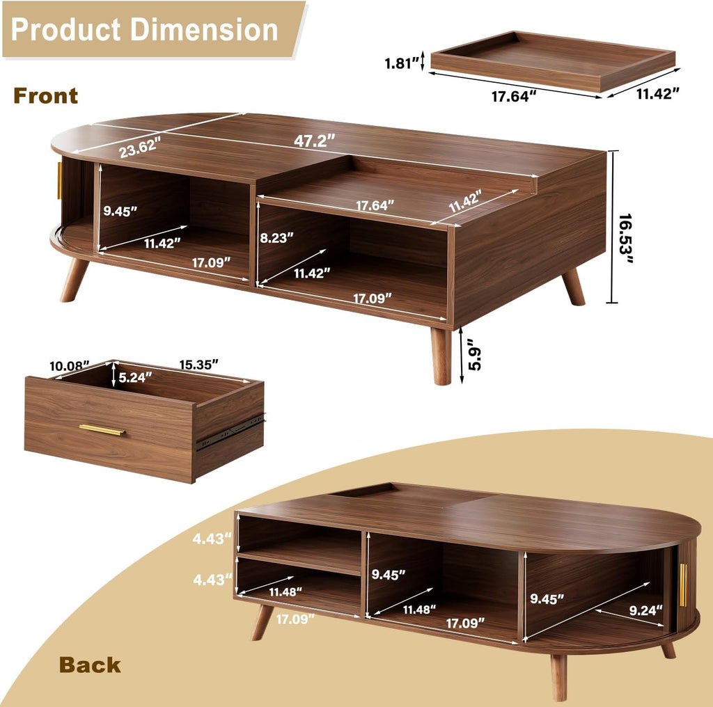47" Fluted Oval Lift Storage Coffee Table