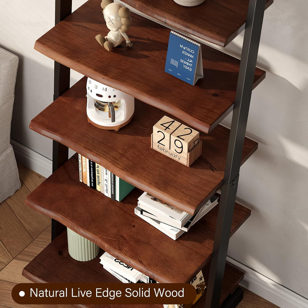 Rustic Walnut Live Edge 5-Tier Ladder Bookshelf