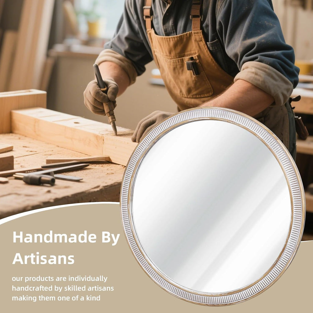 30" Rustic Wood Look Round Wall Mirror