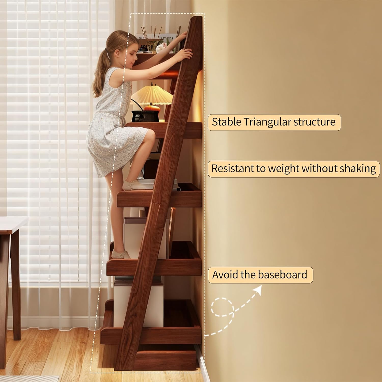 Walnut Solid Wood 5-Tier Leaning Ladder Shelf