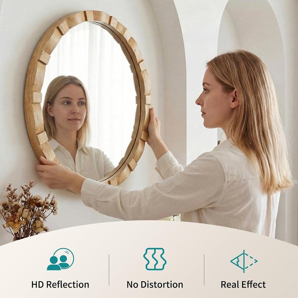 31.5" Natural Wood Farmhouse Round Wall Mirror