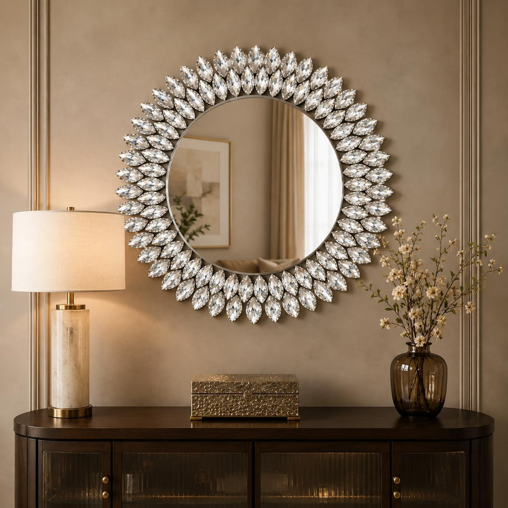 24 Inch Silver Crystal Diamond Round Wall Mirror